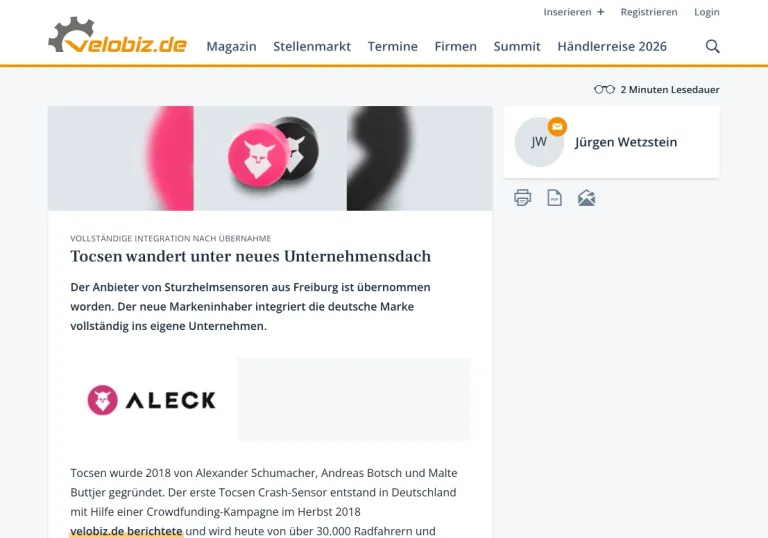 Tocsen wandert unter neues Unternehmensdach — velobiz, 03.2023