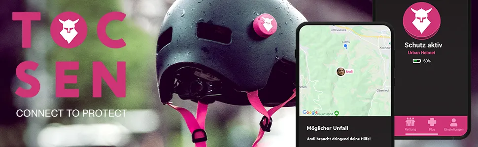 Tocsen banner: the pink crash sensor on a bike helmet, next to the app showing an active protection screen and a possible-crash alert asking for help